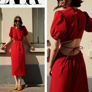 Zara Red Poplin Dress - Open back puff sleeves midi maxi length